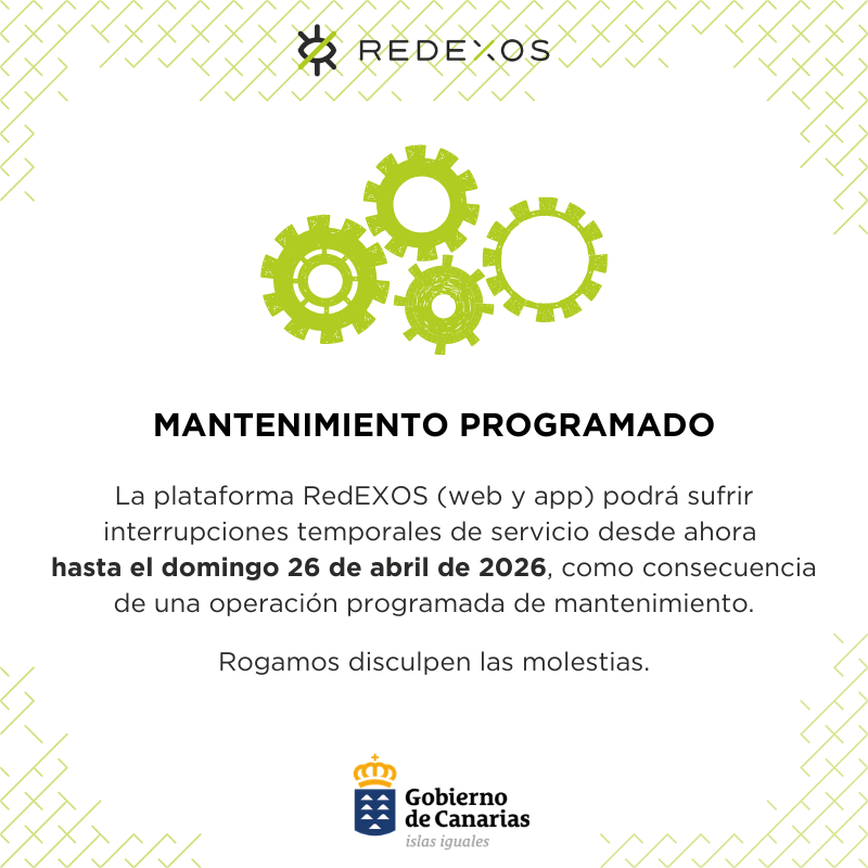 RedEXOSGobcan's tweet photo. Aviso de mantenimiento durante este fin de semana. Rogamos disculpen las 𝐩𝐨𝐬𝐢𝐛𝐥𝐞𝐬 𝐢𝐧𝐭𝐞𝐫𝐫𝐮𝐩𝐜𝐢𝐨𝐧𝐞𝐬 𝐝𝐞 𝐬𝐞𝐫𝐯𝐢𝐜𝐢𝐨 de nuestra plataforma (web y app). https://t.co/Rf80iL444X