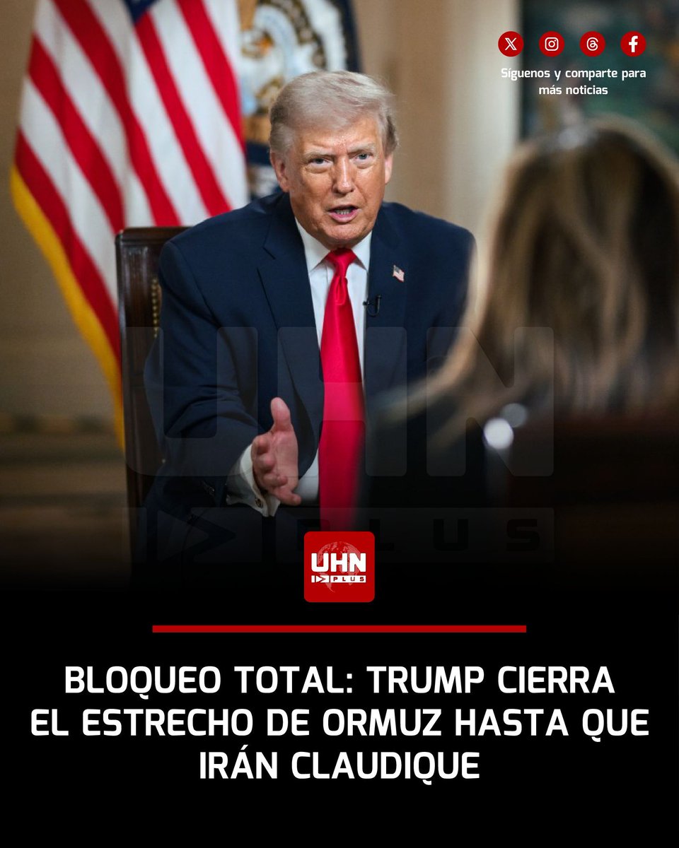 🇺🇸🇮🇷‼️ | ÚLTIMA HORA

El Presidente Trump anunció que la Armada de EE. UU. mantiene el control total del Estrecho de Ormuz, el cual permanecerá "sellado herméticamente" hasta que Irán acepte un acuerdo. Trump se burló del caos interno del régimen iraní, asegurando que ninguna