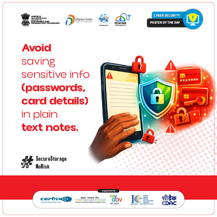 InfoSecAwa's tweet image. #Poster
Convenience can cost you your security.
Avoid saving sensitive information in unsecured notes.

#CyberSecurity #StaySafeOnline #PasswordSafety #DataProtection #DigitalSafety #CyberAwareness #SecureStorage #StayAlert