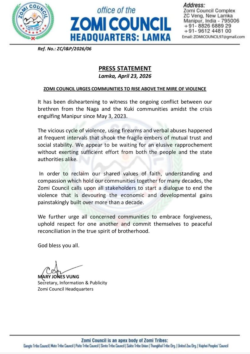 shaolininaction's tweet photo. The ZC calls for an end to the cycle of violence in Manipur. Dialogue, forgiveness, and mutual respect must prevail over hatred and division. It’s time all communities rise above conflict and rebuild trust for a peaceful future.
#Manipur #Peace #Zomi #Naga #Kuki #StopViolence https://t.co/lkUbhB3Hs8