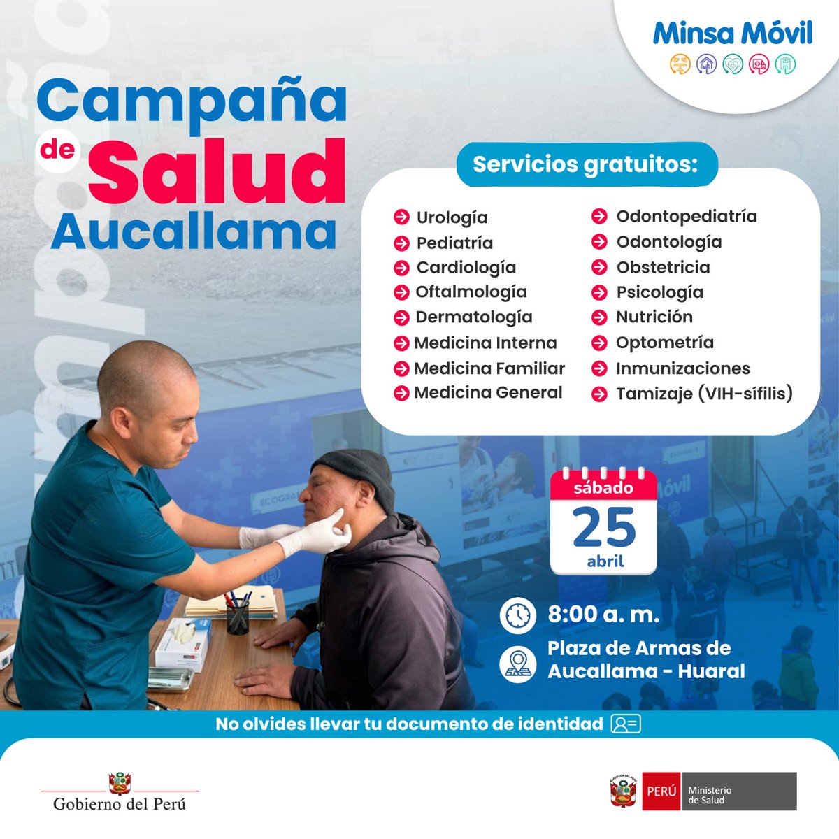 Minsa_Peru's tweet image. 💙🇵🇪 #Lima | ¡Huaral se prepara para una gran jornada de salud!

Este sábado 25 de abril, #MinsaMóvil llega a la Plaza de Armas de Aucallama para acercar atención médica gratuita y especializada a toda la población.

👩🏻‍⚕️👨🏻‍⚕️ Desde las 8:00 a. m., podrás acceder a servicios en