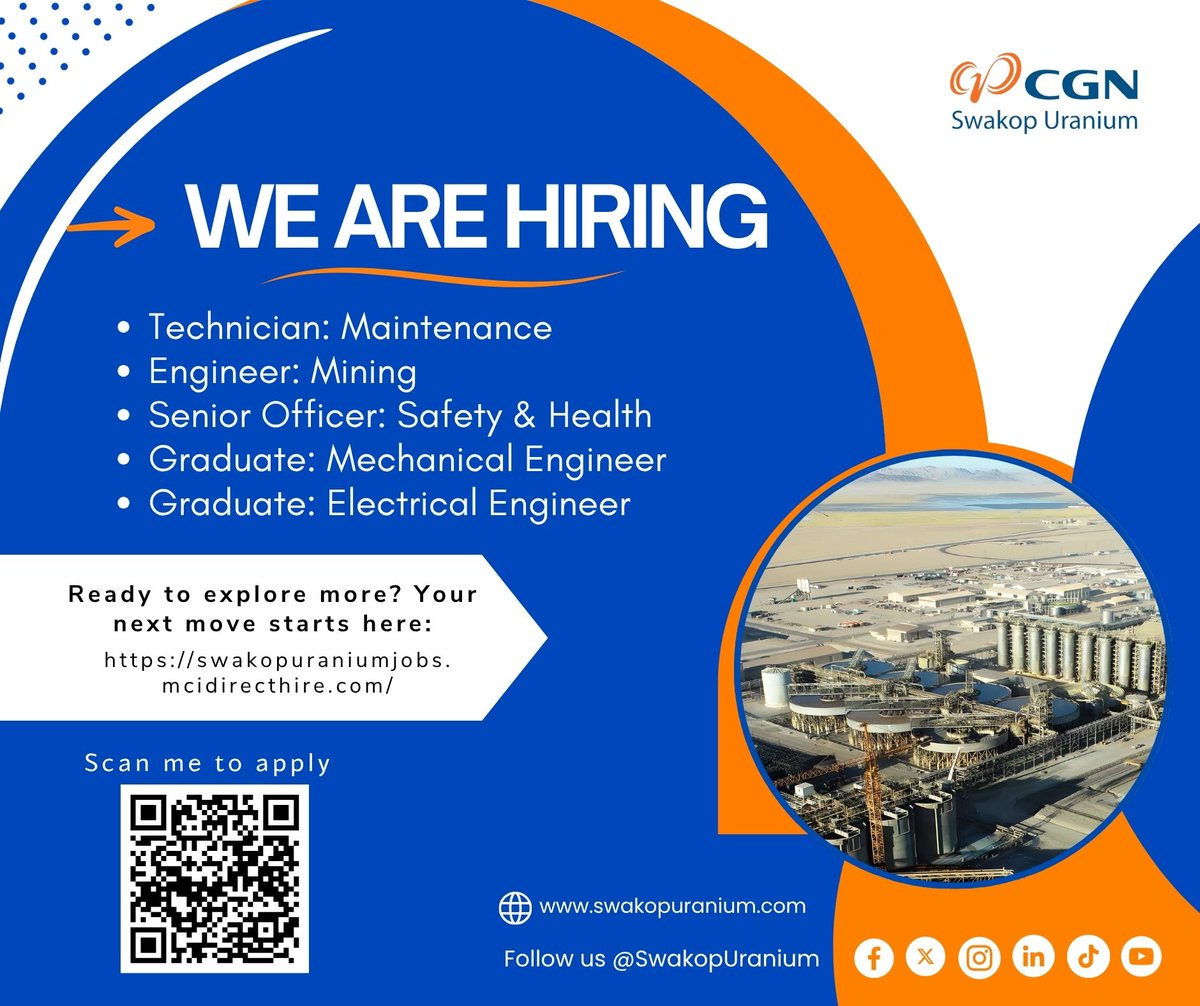 SwakopUranium's tweet image. ⚡ It’s more than a job ➡️ it’s your next big move. #SwakopUranium is on the hunt for bright sparks like you! Check out the latest opportunities and apply through the link: swakopuraniumjobs.mcidirecthire.com 👨🏻‍💻🧑🏻‍💻 #JobAlert #SwakopUraniumCareers #TeamSU 👷🏻‍♀️👷🏻 #MoreThanMining 💙🧡 #HusabMine