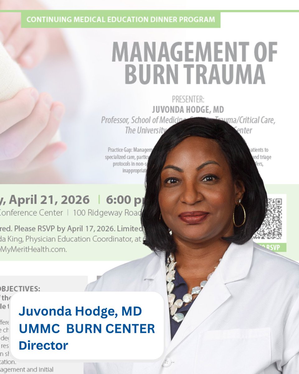 ummc_opr's tweet photo. Dr. Juvonda Hodge, trauma surgeon, recently presented at a continuing education event hosted by a community hospital partner.  Dr. Hodge spoke on burn care guidelines while promoting the ongoing commitment that UMMC has to care for burn patients across the state.
@ummcsurgery https://t.co/AMTYyYiEN3
