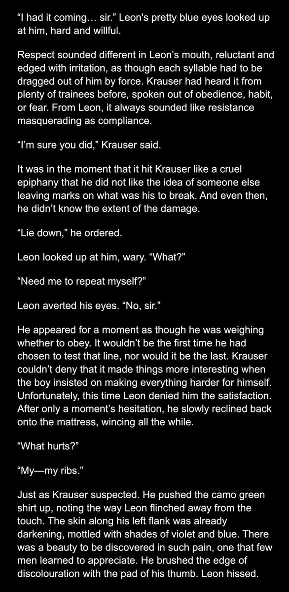 _rookierror's tweet image. “The skin along his left flank was already darkening, mottled with shades of violet and blue. There was a beauty to be discovered in such pain, one that few men learned to appreciate. He brushed the edge of discolouration with his thumb. Leon hissed.” #kreon #metaltango