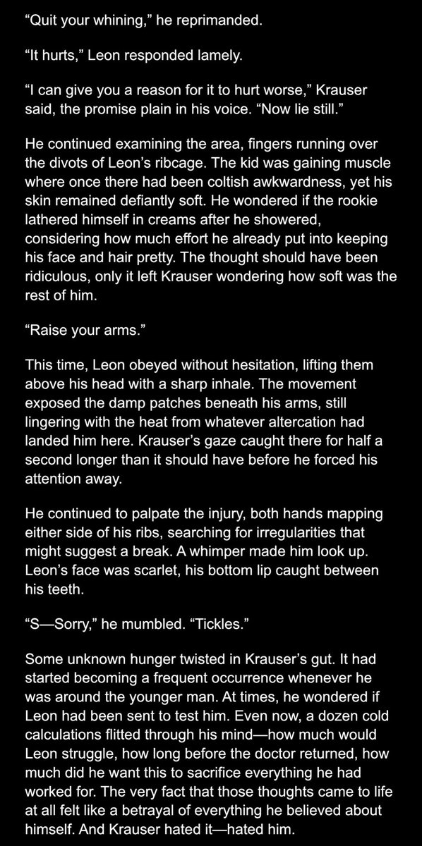 _rookierror's tweet image. “The skin along his left flank was already darkening, mottled with shades of violet and blue. There was a beauty to be discovered in such pain, one that few men learned to appreciate. He brushed the edge of discolouration with his thumb. Leon hissed.” #kreon #metaltango