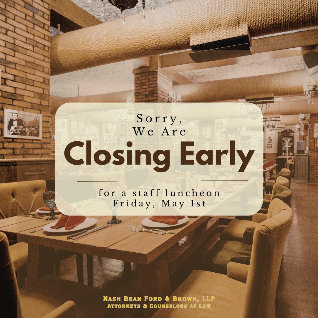 NBFB_Law's tweet image. We will be closing early, today, Friday, May 1st for a staff luncheon. We apologize for any inconvenience and look forward to serving you on Monday!

#Closed #StaffAppreciation
