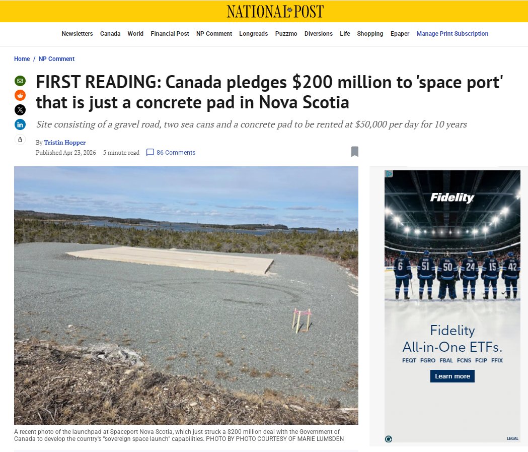 🇨🇦 in space!
"Site consisting of a gravel road, two sea cans and a concrete pad to be rented at $50,000 per day for 10 years"
"It was leased out by Nova Scotia for $13,500 and is being leased back to the federal government for $20 Million" via <a href="/gubbapumpino/">Dildo Schwaggins</a>
$20M x 10 years = 200M