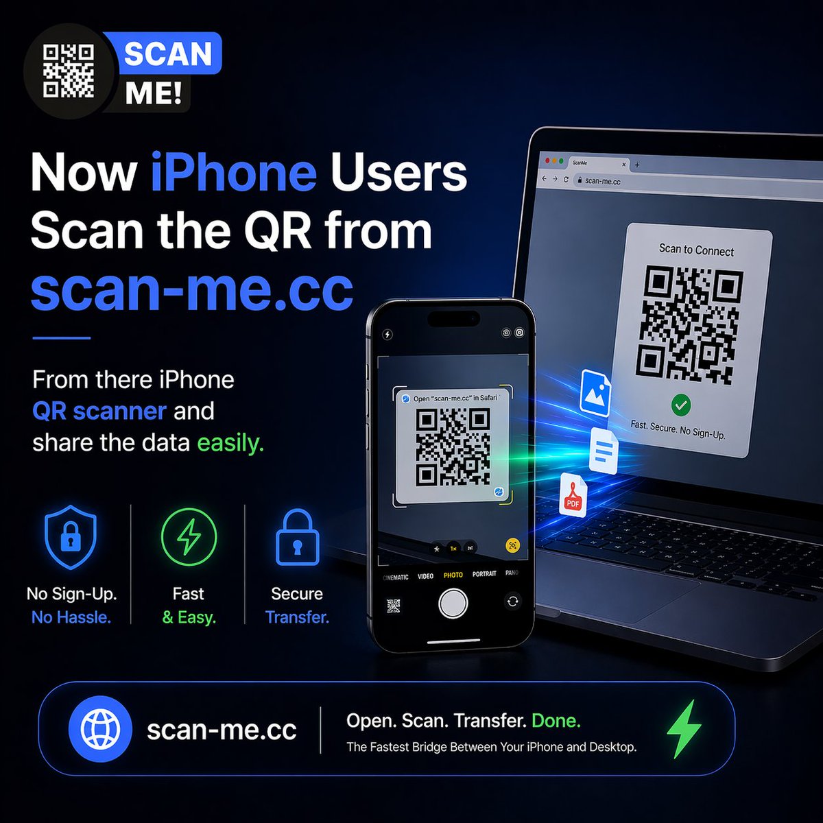 ScanmeGMV's tweet photo. 📱 Now iPhone Users Can Share Instantly

Open https://t.co/0StnqCNLHU on your desktop, scan the QR code using your iPhone camera, and start sharing files or text in seconds.

No apps. No cables. No complicated setup.

Just scan, connect, and transfer with ease. ⚡ https://t.co/nt6HHkh9bk