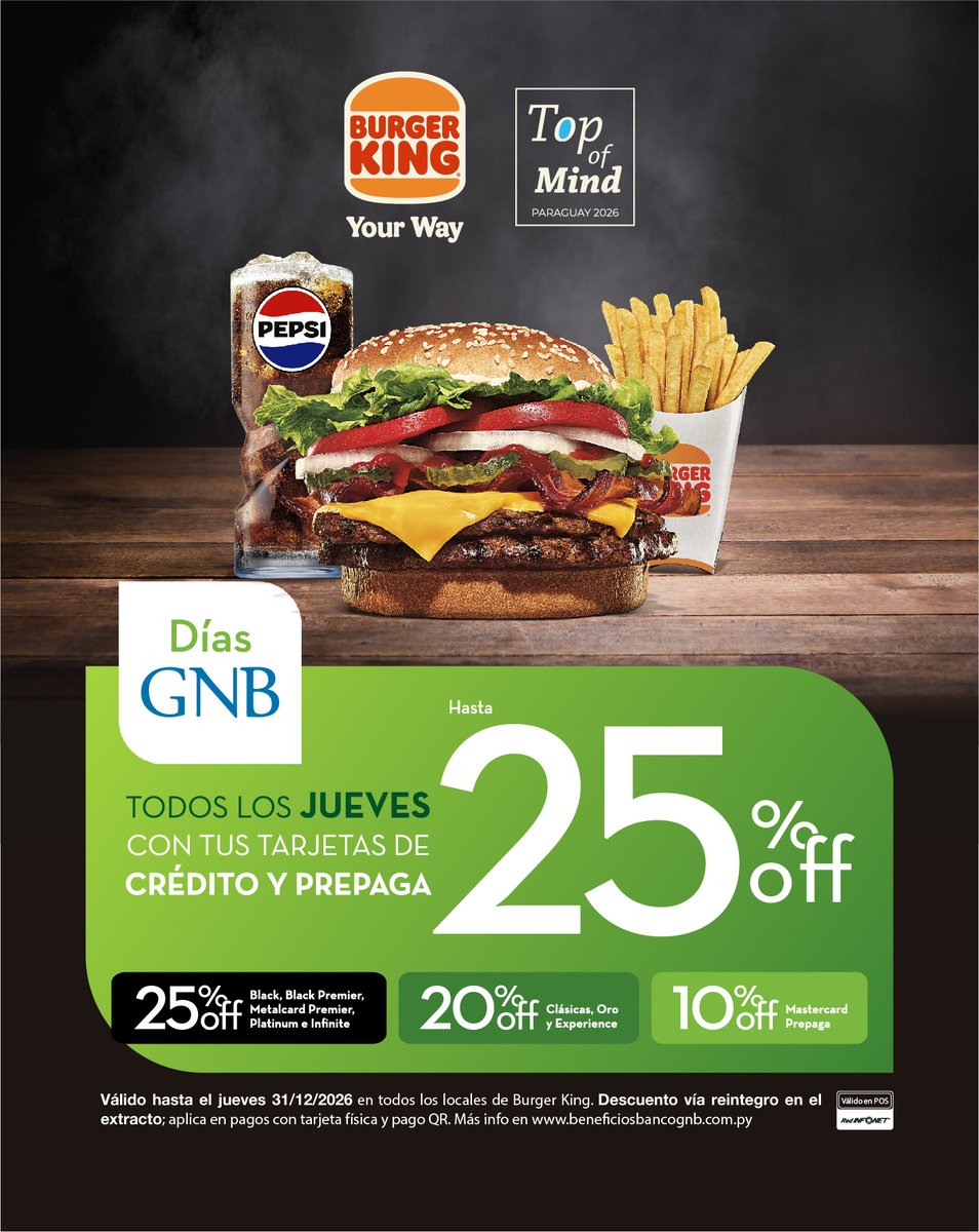elreydebk's tweet image. ¡Jueves de BK y ahorro! 😎

Disfrutá hasta el 25% de descuento pagando con tus tarjetas de crédito y prepaga del Banco GNB. 💳✨

Elegí Burger King, #YourWay 👑