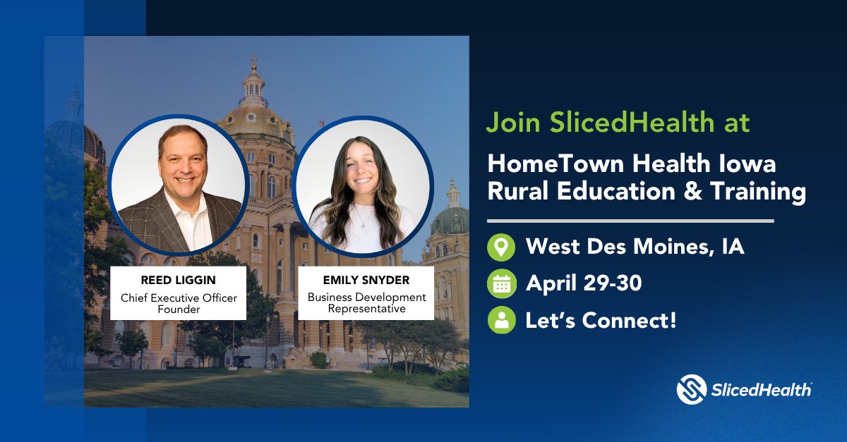 SlicedHealth's tweet photo. SlicedHealth is joining HomeTown Health for the Iowa Spring Rural Education &amp; Training in West Des Moines! Meet with Emily Snyder and Reed Liggin to talk through how hospitals are getting ahead of payer issues before they impact your bottom line.

#HomeTownHealth #RuralHealthcare https://t.co/4V1ryGXlU9