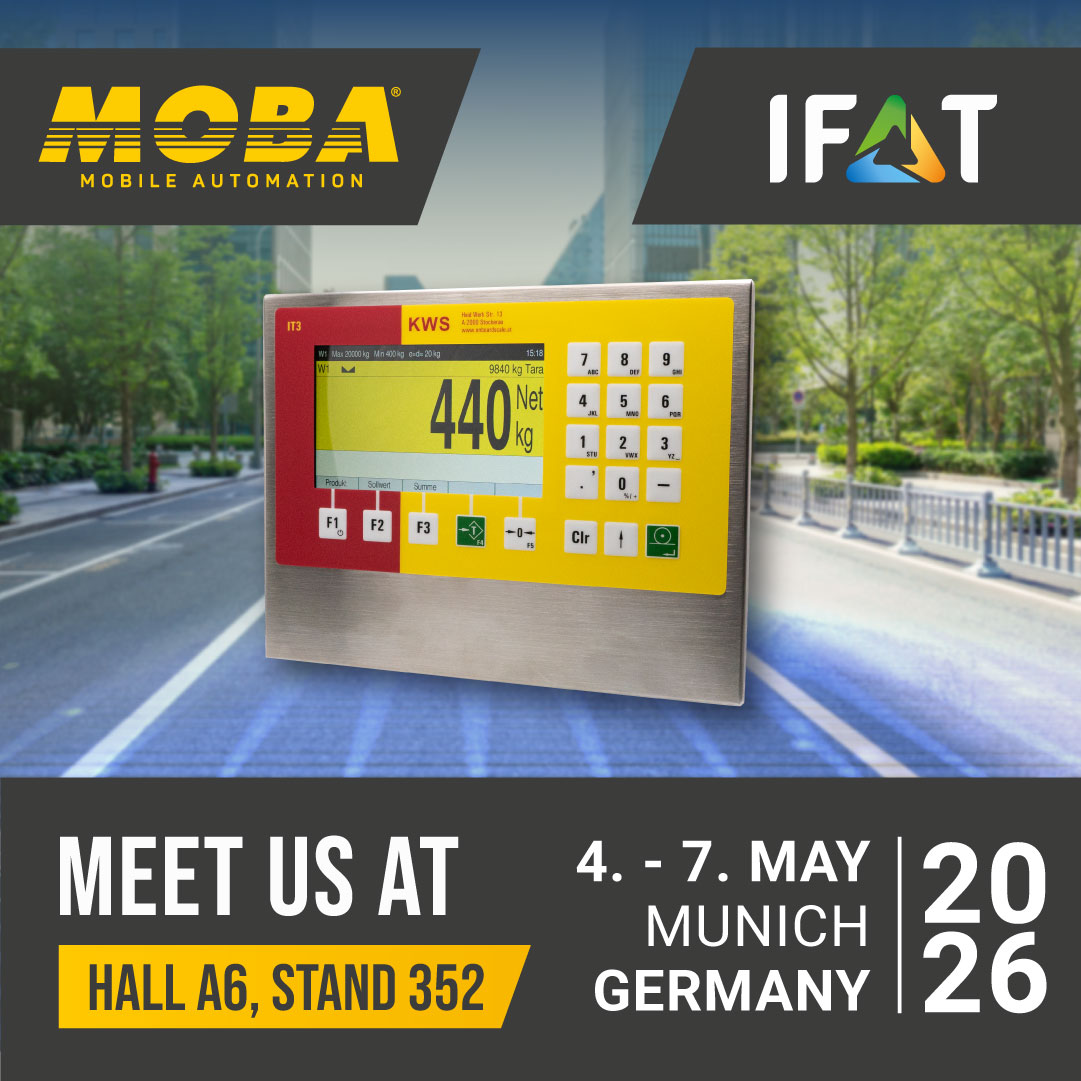 MOBA_Automation's tweet photo. MOBA partner KWS will present its onboard scale at IFAT 2026. Enabling precise, legally compliant weighing during operation - all relevant data is displayed in the driver’s cab. With Weight HUB (HLC Cloud), weighing data is transmitted directly to the cloud - simply &amp; efficiently https://t.co/drDuiYsjln