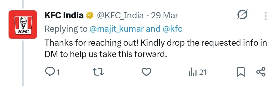 majit_kumar's tweet photo. @KFC_India @kfc @yumbrands @jaagograhakjago @KFC_India Please do not reply if you want to buy time again. Please just accept that there're  ghost kitchens and your intension is not to refund the money for the food that you guys cancelled without any reason. Do u think, you as a brand can go long way by cheating people? https://t.co/UJEpp40oTV