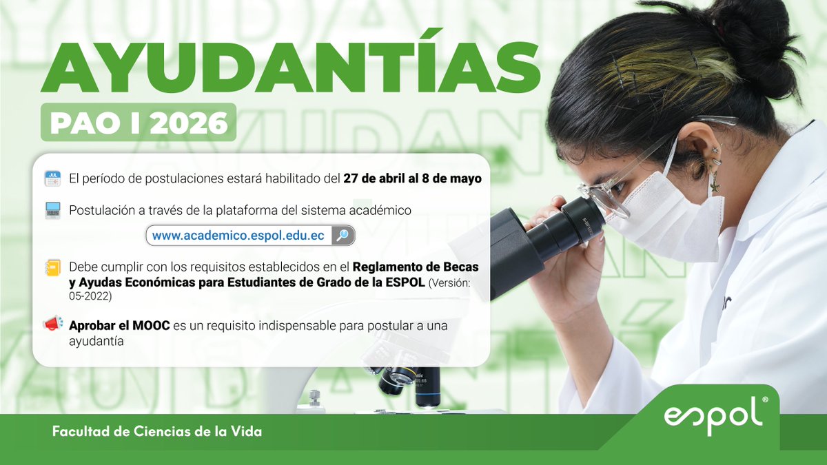 fcvespol's tweet photo. 📢 ¡Atención estudiantes de la FCV! Se abre el período de postulaciones para Ayudantías PAO I 2026. 🔬🎓

🗓️ Del 27 de abril al 8 de mayo. 
💻 Postula en: https://t.co/ooTokbe2Uj 
⚠️ Recuerda: El MOOC aprobado es requisito indispensable.

¡Fortalece tu formación! #ESPOL https://t.co/ehVH17dpC2