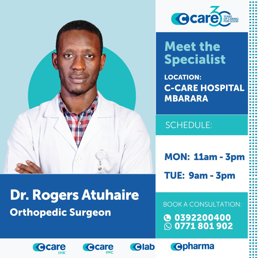 Meet Dr. Rogers Atuhaire, Orthopedic Surgeon at C-Care Hospital Mbarara.

Now available for consultation
Book your appointment: booking.ccare.ug

#CCareUganda #OrthopedicCare #Mbarara