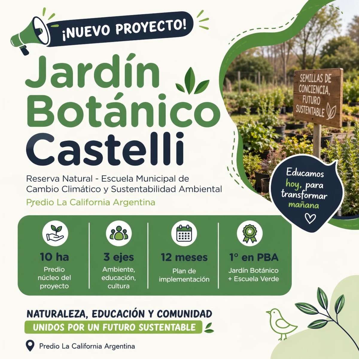 𝐒𝐄𝐌𝐈𝐋𝐋𝐀𝐒 𝐃𝐄 𝐂𝐎𝐍𝐂𝐈𝐄𝐍𝐂𝐈𝐀 𝐒𝐔𝐒𝐓𝐄𝐍𝐓𝐀𝐁𝐋𝐄
Impulsamos la creación de un jardín botánico y la primera escuela de sustentabilidad ambiental.
En tiempos en que algunos quieren destruir nuestros glaciares, bosques y recursos naturales, en Castelli elegimos