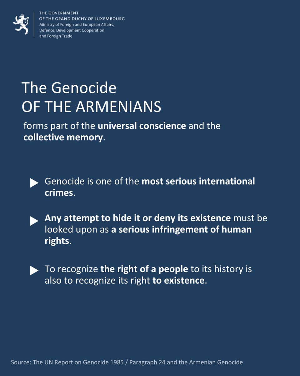 MFA_Lu's tweet image. On this day, #Luxembourg🇱🇺 honors the memory of the victims of the #ArmenianGenocide and reaffirms its commitment to remembrance, truth, and the prevention of mass atrocities. We must never forget. 🕊