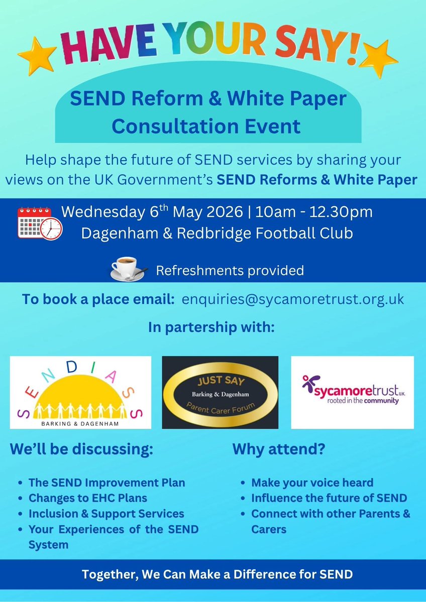 HealthwatchBD's tweet image. Have Your Say! ⭐
Join the SEND Reform &amp;amp; White Paper event and help shape future services.
📅 6 May | ⏰ 10–12:30
📍 Dagenham &amp;amp; Redbridge FC
📧 enquiries@sycamoretrust.org.uk
#SEND #HaveYourSay