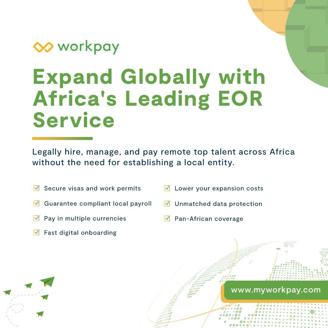 Workpayhq's tweet photo. There is incredible talent across Africa, but the logistics of cross-border hiring often scare companies away.

With Workpay’s EOR service, you can legally hire, manage, and pay remote teams across the continent without needing a local entity. We manage the data protection, the currency exchanges, and the local labor laws so you don't have to.