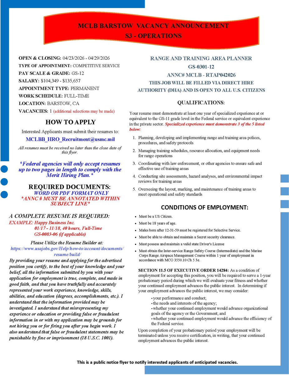 MCLB_Barstow's tweet image. Range &amp;amp; Training Area Planner, GS-0301-12 (DHA Local Flyer)
#Wearehiring! Come join an exceptional team at Marine Corps Logistics Base (MCLB)
#hiring #Range #Training #0301 #MCLBBARSTOW