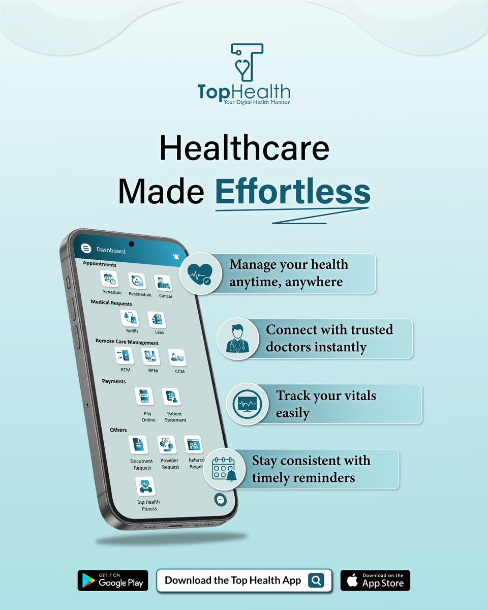 TopHealthApp's tweet photo. Staying consistent with your health routine becomes easier when everything is designed around your needs.
Top Health App📲 empowers you with the tools to manage your health with confidence and ease.
#healthcarenotwarfare #bettercare #telehealth #healthapp https://t.co/k3fZpyc356
