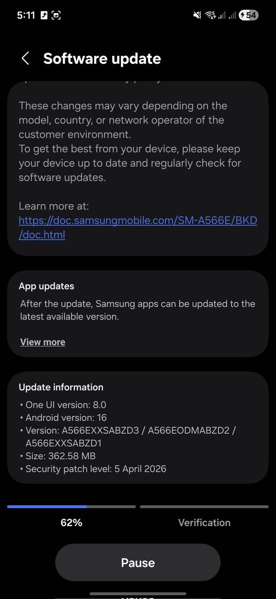 rafatulfahad's tweet image. Samsung has started rolling out the April 2026 Security Update for Galaxy A56 5G in Bangladesh 🇧🇩

• One UI 8.0
• Android 16
• Patch: April 2026
• Size: 362.58 MB

Currently installing on my device. Rollout appears to be gradual.

#Samsung #GalaxyA56 #OneUI8 #Android16