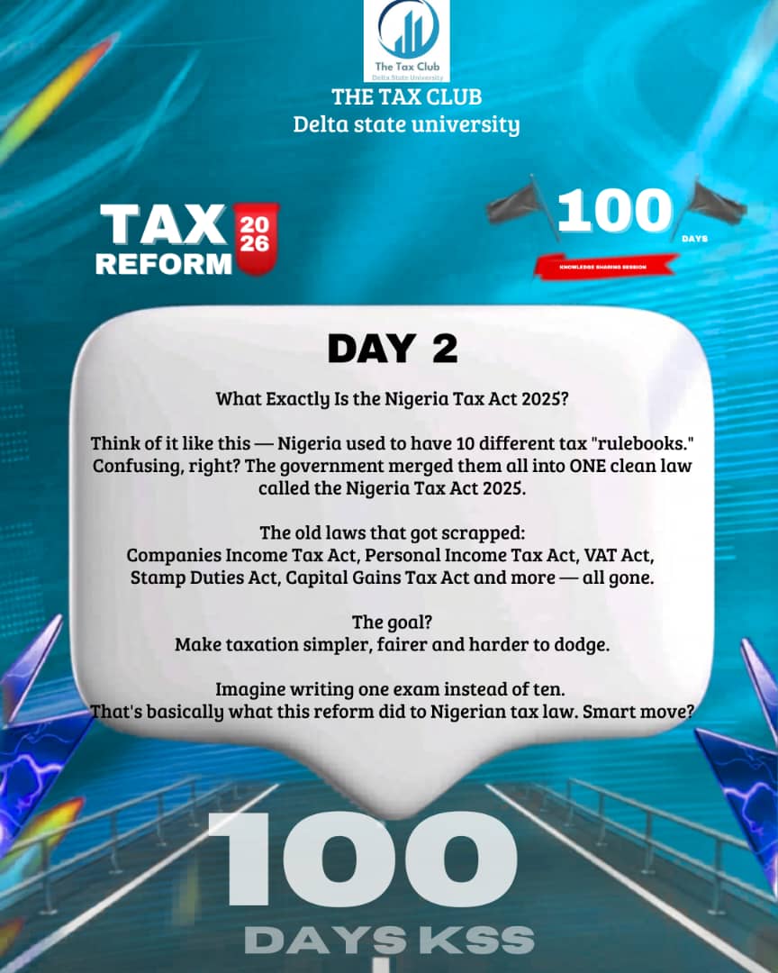 TTC_DELSU's tweet photo. Nigeria moved from multiple tax laws to a single, unified system.
Less complexity. More structure.
This is a change every future worker and business owner should understand. 💡
#TaxClub #StudentFinance #SmartMoney https://t.co/e10Q8s9hbm