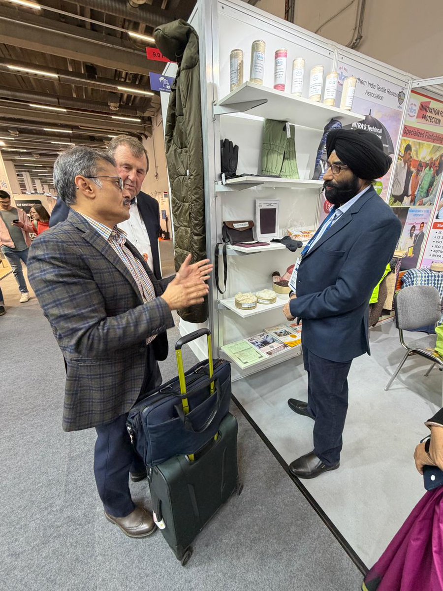 NITRAgzb's tweet photo. It was an honour to welcome Mr. Amit Thapar, President of Ganga Acrowools Ltd, to the NITRA stall at Techtextil Frankfurt 2026 .

He was warmly received by Dr. M. S. Parmar, DG, NITRA, who welcomed him to the stall and engaged in insightful discussions on innovation, quality. https://t.co/5NHHDpJChw