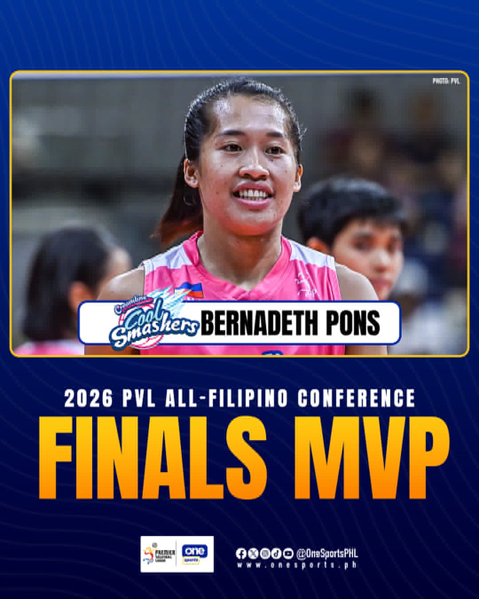 OneSportsPHL's tweet photo. MV-PONS ONCE AGAIN 🎖️🔥

Bernadeth Pons shines brightest on the taraflex, earning Finals MVP honors for the Creamline Cool Smashers in the 2026 PVL All-Filipino Conference!

#PVL2026 #TheHeartofVolleyball https://t.co/kZDIJZuxi1