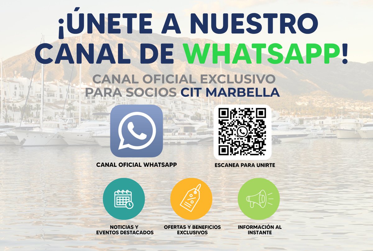 citmarbella's tweet photo. 📢 ¡Lanzamos el Canal Oficial de WhatsApp de #CITMarbella! 📲 Un espacio exclusivo para socios, diseñado para respetar tu tiempo y privacidad: ❌ Sin grupos ni saturación. 🔒 Privacidad 100%. 🚀 Noticias, eventos y subvenciones al instante. ¡Únete aquí! 👇 https://t.co/uBqwZzBXYV https://t.co/xOAJXxwZcO