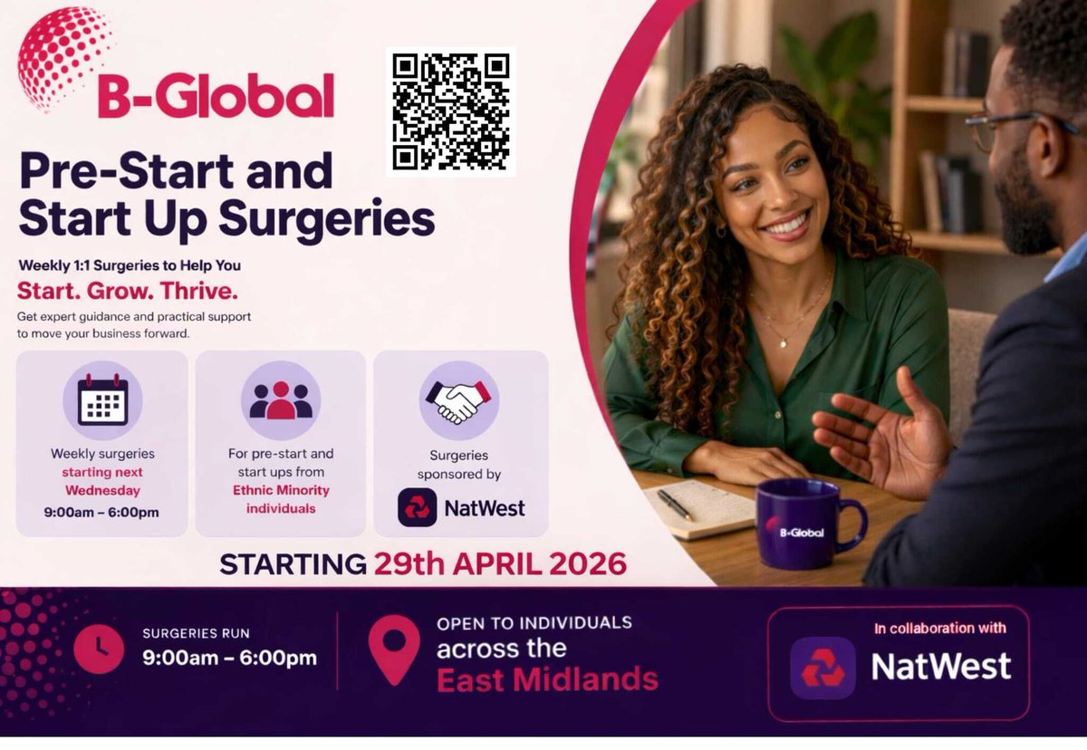 bglobalnow's tweet image. 🚀 3 programmes to help you start, grow &amp;amp; scale your business with @BGlobal

🔹 Start-Up Surgeries (with @NatWest)
🔗 bit.ly/4mITaht

🔹 Client Surgeries
🔗 bit.ly/4u2XavF

🔹 Empower Biz (Leicester)
🔗 bit.ly/4cAUH4j

#BusinessSupport #StartUpUK