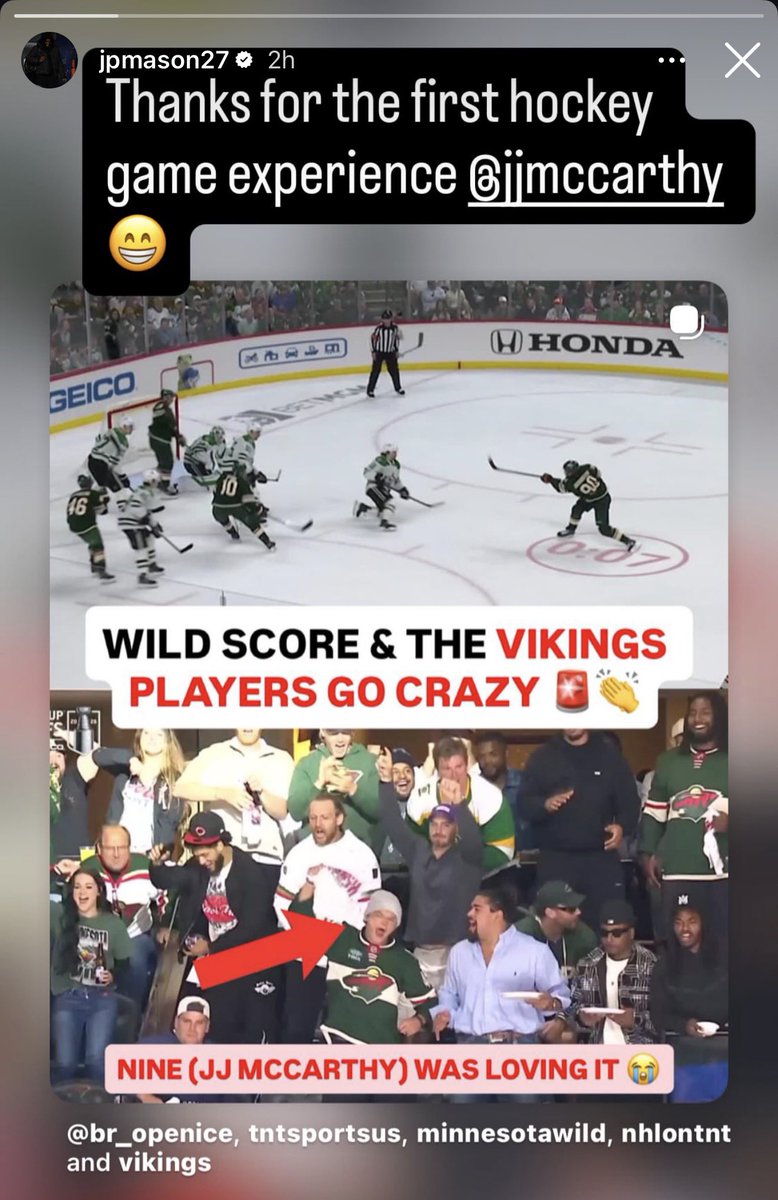 SleeperVikings's tweet photo. Looks like JJ McCarthy was indeed the one who bought the Vikings’ suite at the Wild game according to this IG story from Jordan Mason. https://t.co/DYqRPKn5tA