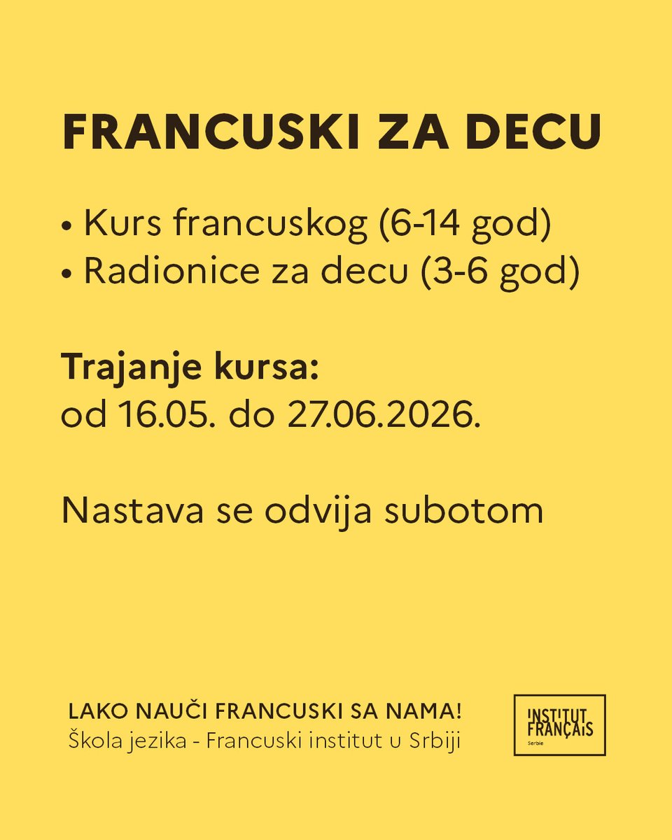 IFsrbija's tweet photo. Upišete i vi decu na naše kurseve i radionice za predškolce! 
📍  Uživo, subotom po sat i po (16.05-27.06.2026).   🗓 
Prijava :    📧 francuskizadecu@institutfrancais.rs 
📞 063 238 244 | 011 302 36 31  
Radujemo se novim susretima! 
Vaš Francuski institut 💙 https://t.co/oXyZfRZiIX