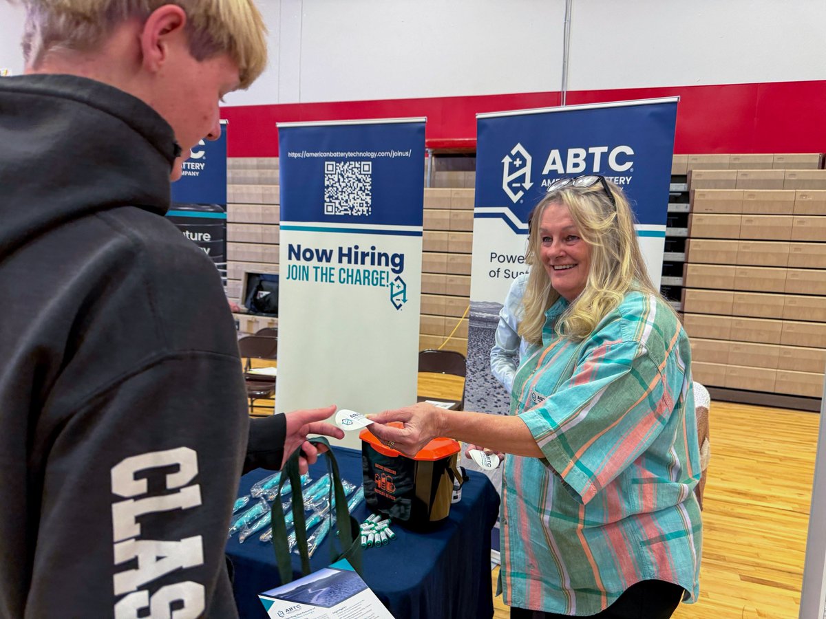 abt_company's tweet photo. American Battery Technology Company was proud to spend time recently in Tonopah this week as part of our ongoing community engagement efforts.

Our team— Kerry Rohrmeier, (Head of Community Impact), Ross Leisinger (Head of Resources), Shirley Perkins (Community Liaison), Joe Fotu (Sr. Technical Recruiter), Jordan Elkins (Head of People), and Tiffiany Moehring (Head of Communications)—participated in Tonopah High School’s career fair, connecting with students and sharing insights into career pathways within the growing battery materials industry.

Kerry also joined students in the classroom as a guest lecturer providing real-world context tied to our work at the Tonopah Flats project and in advancing a domestic battery metals supply chain.

Learn more about the Tonopah Flats project: https://t.co/QysrHRvg29