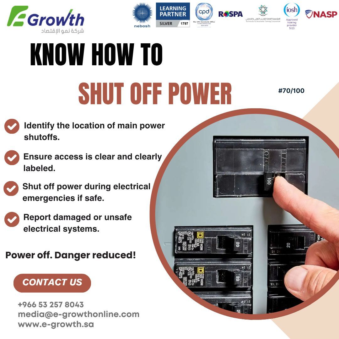 economygrowthco's tweet image. ⚡🔌 Safety Tip #70 – Power Shutoff

✅ Know main power locations
✅ Keep access clear
✅ Shut off in emergencies
✅ Report unsafe systems

Power off. Danger reduced!
📱 wa.me/966532578043 
#ElectricalSafety #PowerSafety #SafetyFirst