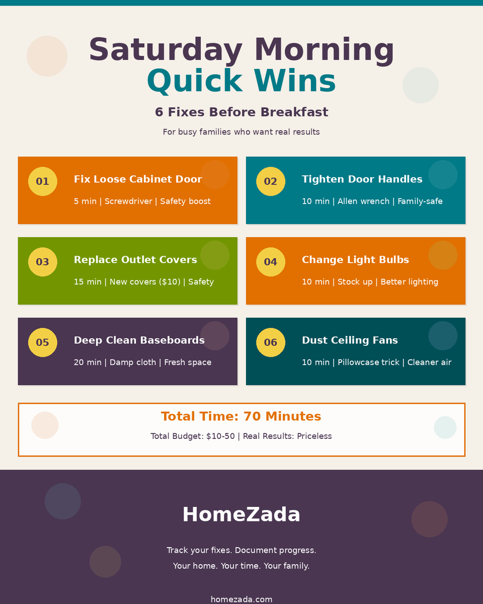 HomeZada's tweet image. Your kids are watching.
 
Not just this Saturday, but every day.
 
They see you maintaining the home. Fixing loose handles. Replacing bulbs. Taking care of things.
 
That's the lesson: homes require attention. Good habits stick.
 
Saturday morning, 70 minutes, 6 quick wins.