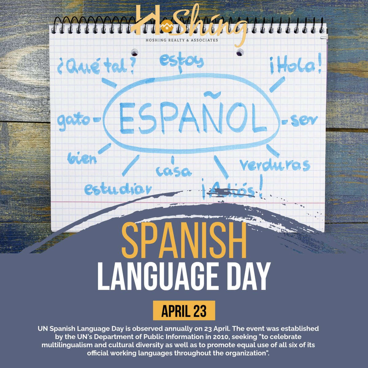 hoshingrealtors's tweet image. Celebrate UN Spanish Language Day on April 23, honoring multilingualism and cultural diversity. Promote equal use of all UN working languages. #SpanishLanguageDay #Multilingualism #CulturalDiversity