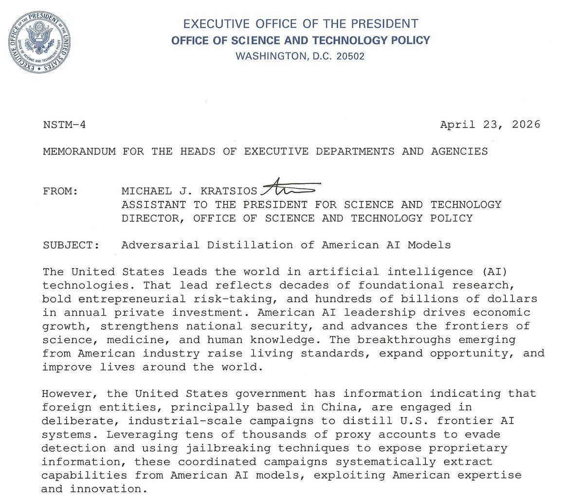 mkratsios47's tweet image. The U.S. has evidence that foreign entities, primarily in China, are running industrial-scale distillation campaigns to steal American AI. We will be taking action to protect American innovation.
 
These foreign entities are using tens of thousands of proxies and jailbreaking
