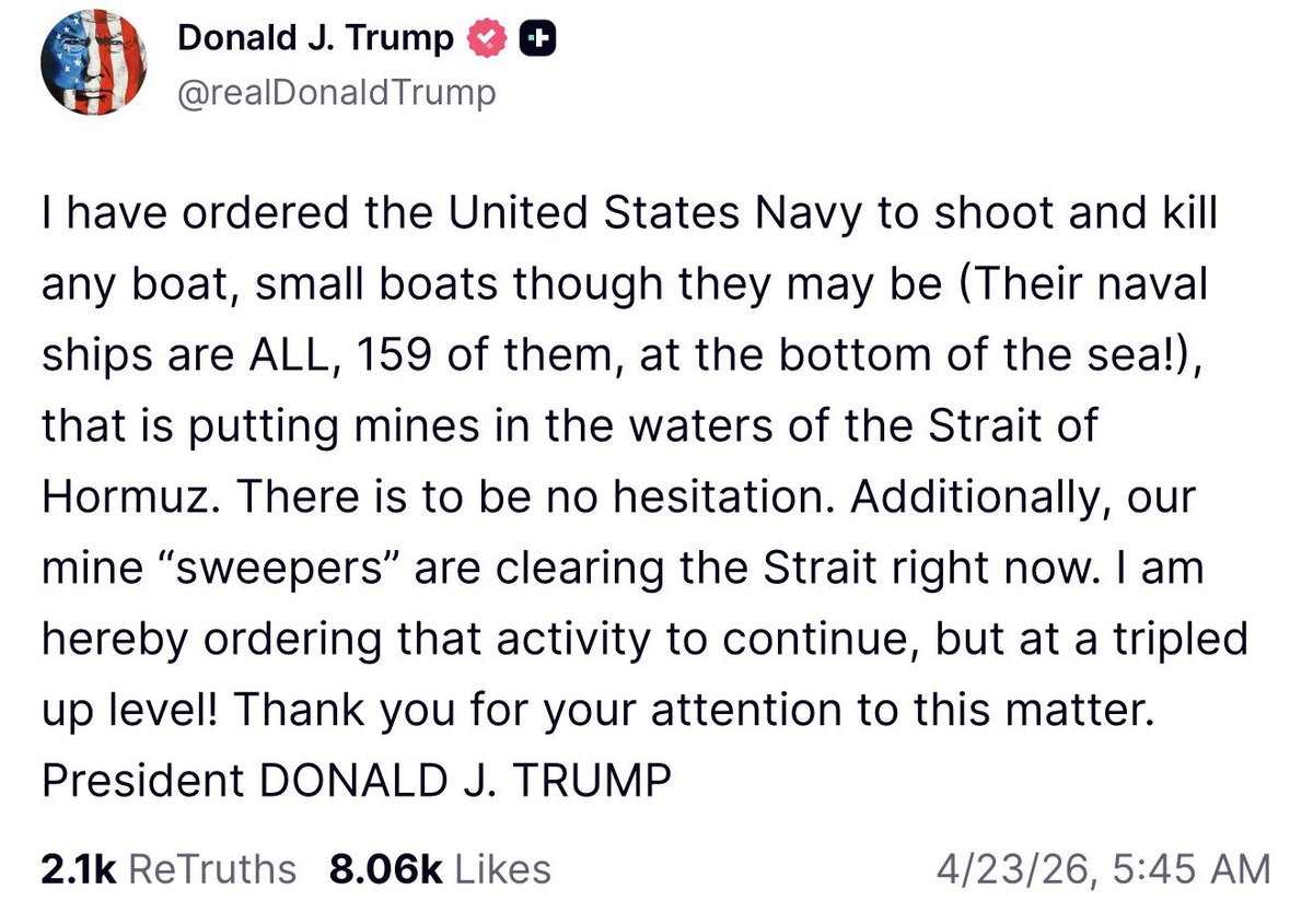 MeidasTouch's tweet image. Trump’s morning posts:
— Let’s kill Iranians who don’t want a deal
— I’m ordering the Navy to shoot any boat putting mines in the Strait
— We actually have full control over the Strait
— I don’t need a deal