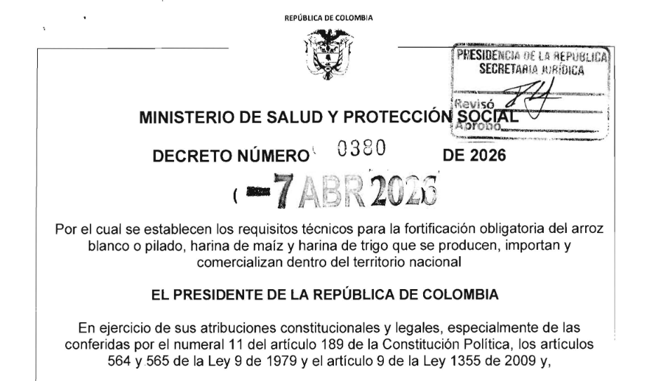 NormatividadCEL's tweet photo. DECRETO 380/2026. Se establecen los requisitos técnicos para la fortificación  obligatoria del arroz blanco o pilada, harina de maíz y harina de trigo  que se producen, importan y  comercializan dentro del territorio nacional https://t.co/7uLTaVvzN5 https://t.co/Sa24kCjLi6