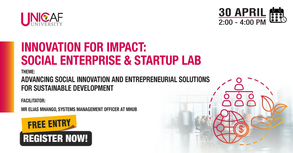 UnicafUni's tweet image. Join Unicaf University’s free online Innovation for Impact: Social Enterprise &amp;amp; Startup Lab on April 30, 2026 📅

Learn key entrepreneurial skills for your next venture.💡

Register Today: link.unicaf.org/4sJvASV

#Entrepreneurship #SocialEnterprise #Startup