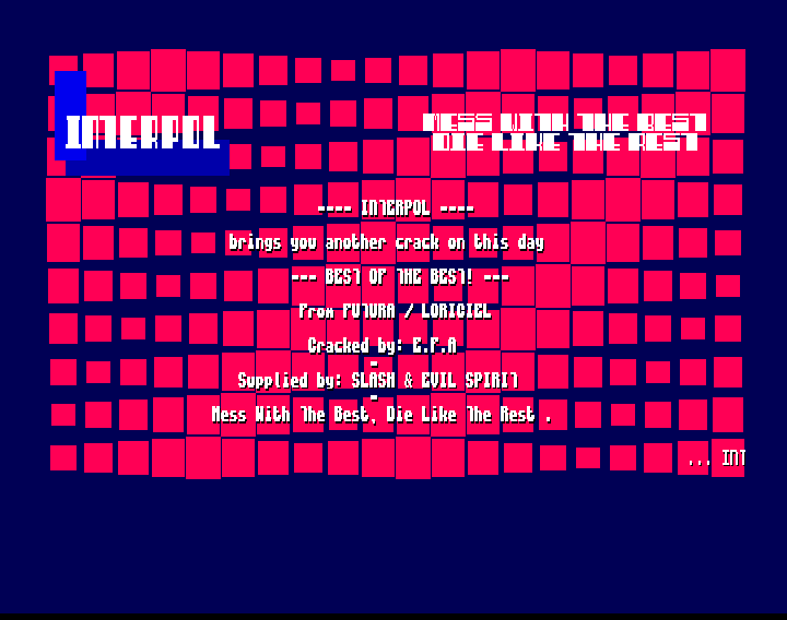 CracktroBot's tweet image. Beamrider (1984) - #Commodore64
Best of the Best - Championship Karate (1992) - Crack: Interpol - #Amiga
SideWinder (1988) - Crack: Medway Boys (MWB) &amp;amp; Ikari - Trainer (+1): MWB - Ikari - #Amiga
Zalagan (1989) - Crack: Transcom - #Commodore64