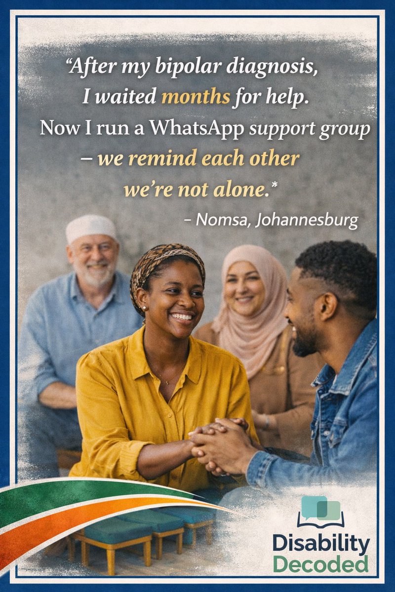 ability63252's tweet image. “After my bipolar diagnosis, I waited months for help. Now I run a WhatsApp support group. We remind each other we are not alone.” – Nomsa, Johannesburg. #CommunitySupport