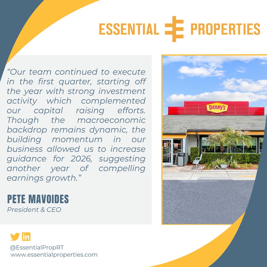 Essential Properties published our First Quarter 2026 results. We deployed capital at attractive yields while maintaining healthy credit quality driven by a robust investment pipeline.

Full report: hubs.la/Q04d6y3K0