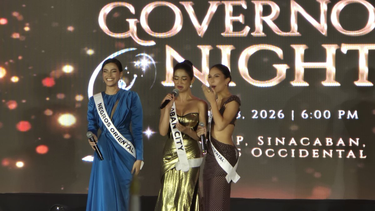 inquirerdotnet's tweet photo. 'SURPISED' SINGERS 🎙

LOOK: Three more #MissUniversePhilippines2026 delegates are drawn at the "Governor's Night" in Misamis Occidental, this time to perform as a singing trio, and receiving cash prizes afterwards. | @diyarista https://t.co/0mskO0IuV4