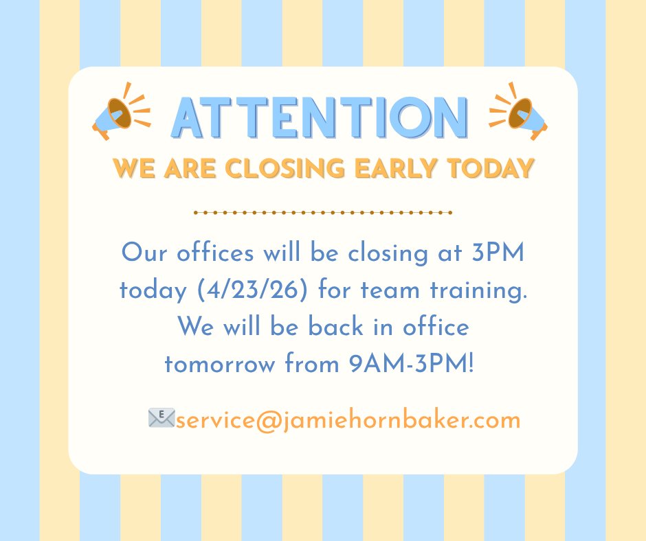 TeamJamieLou's tweet image. Heads up! 📢

Our offices will close early today, April 23, at 3 PM for team training. 💪
We’ll be back tomorrow, April 24, from 9 AM to 3 PM to assist you! 😊

📧 service@jamiehornbaker.com

#teamwork #training #closed #OurStateFarm #TeamJamieLou