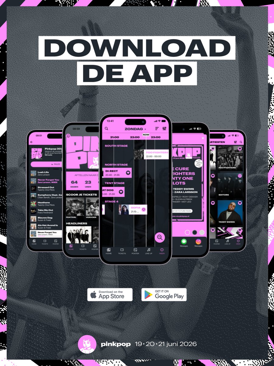 pinkpopfest's tweet photo. Check het volledige tijdschema in de app: duik erin, stel je eigen schema samen, ontdek waar de beste shows en feestjes zijn en bereid je voor op die onvermijdelijke clashes. FOMO gegarandeerd!

Download de app via link in bio. https://t.co/qiQLTN7IXL