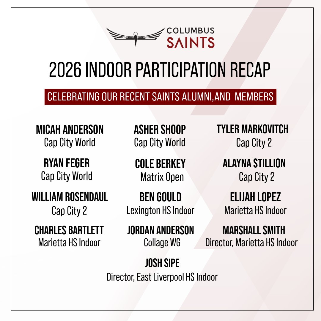 ColumbusSaints's tweet image. We're celebrating our Saints recent alumni, members and staff for a successful 2026 indoor season in all their ensembles! TBAS #wgi #dci #winterguard #tobeasaint #drumline