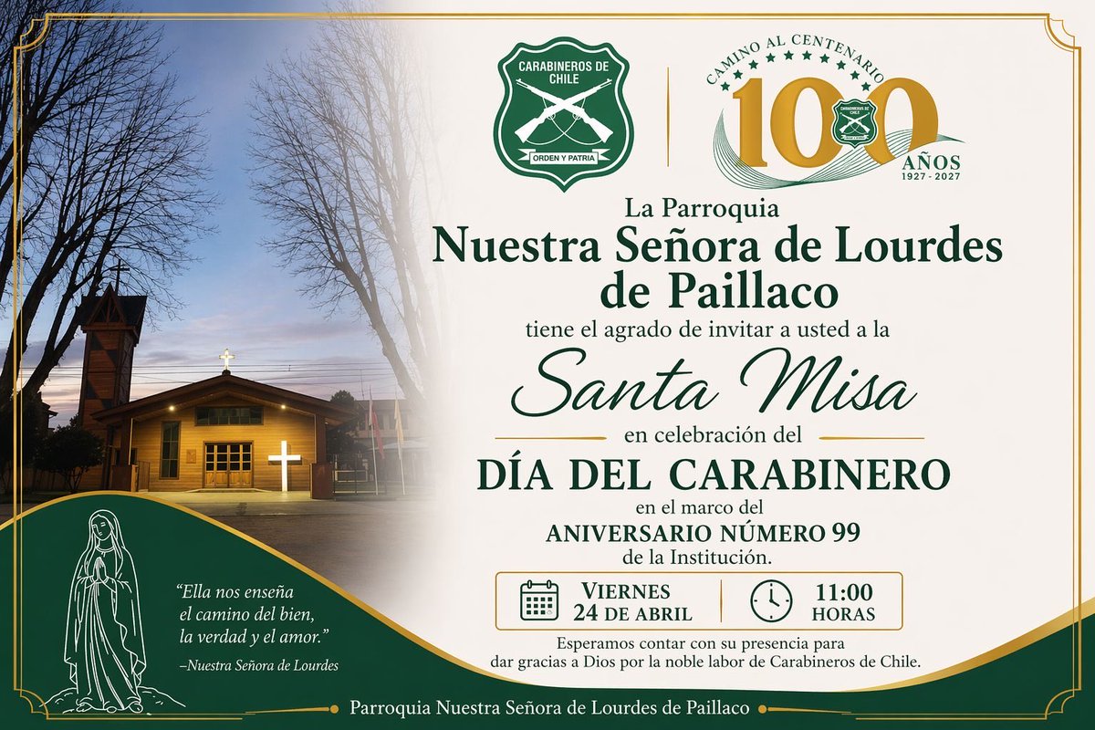 ✝️💚  Desde el Obispado de Valdivia extendemos una cordial invitación a todos los vecinos y vecinas de la comuna de Paillaco a participar en la Santa Misa que se celebrará en la parroquia, con motivo del 99° aniversario de Carabineros de Chile.

#ValdiviaCL