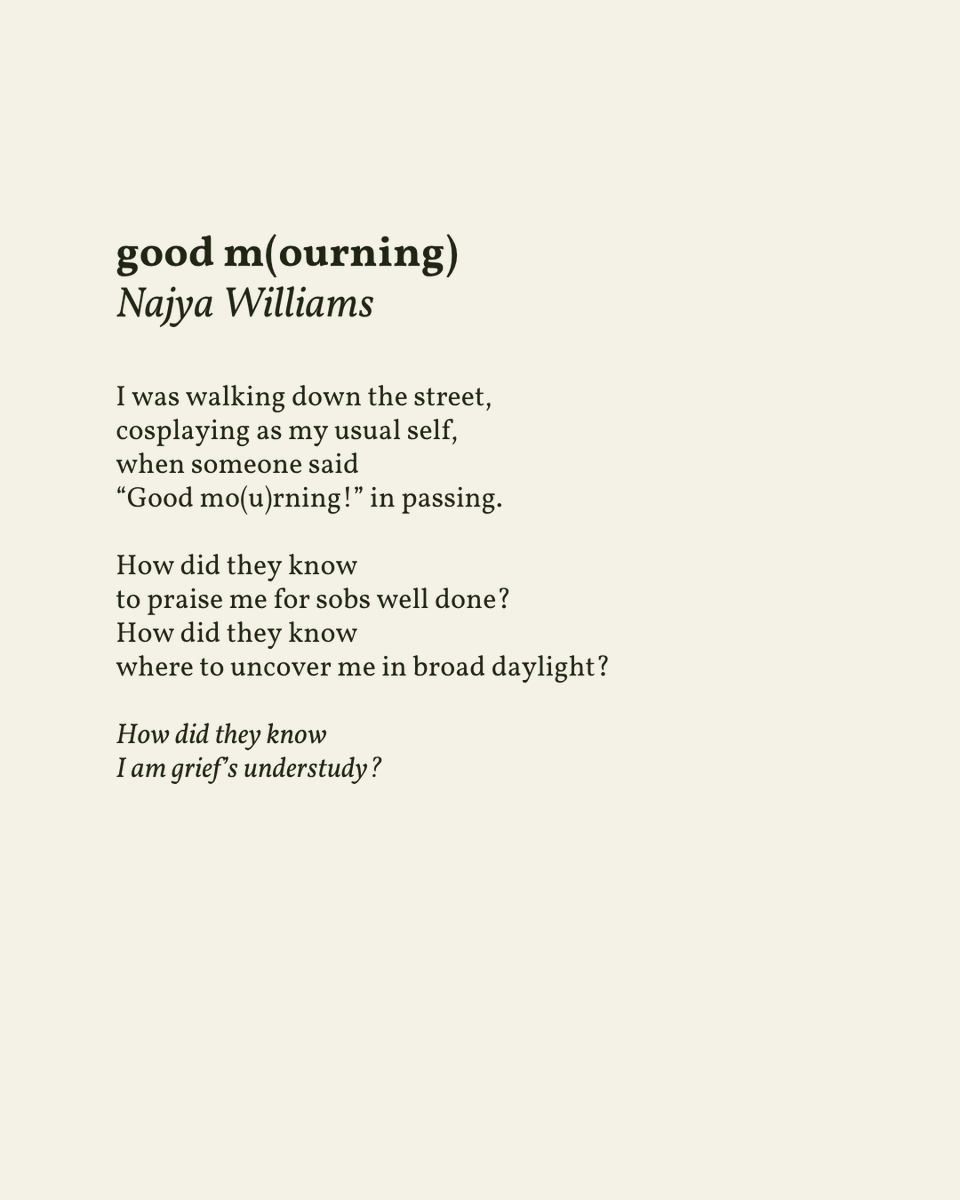 readalittlepoem's tweet photo. “How did they know / where to uncover me in broad daylight?”

— Najya Williams

.
.
.

This poem appeared in on a date with disappointment by Najya Williams, published by Button Poetry, 2025. Shared here with deep gratitude. https://t.co/IG6FuZ4cK0