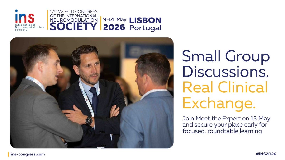 IntlNeuromod's tweet image. The Meet the Expert session at #INS2026 offers small-group, roundtable discussions with leading voices in neuromodulation.

Ask questions. Share experience. Learn directly from experts across key clinical topics.

🔗 ins-congress.com/meet-the-exper…

#Neuromodulation 

@JuliePilitsis